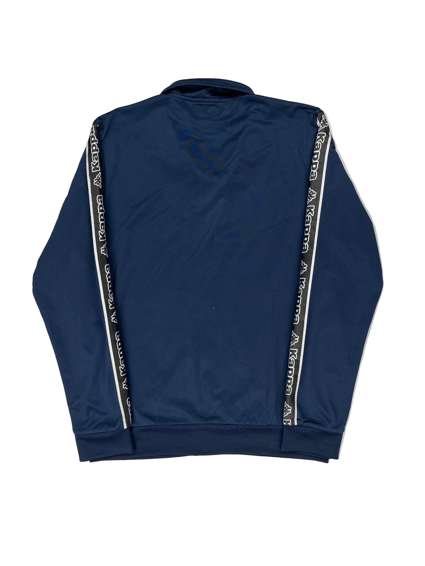 Navy blue jacket with white logo tape on a light gray background Navy blue jacket with white logo tape on a light gray background