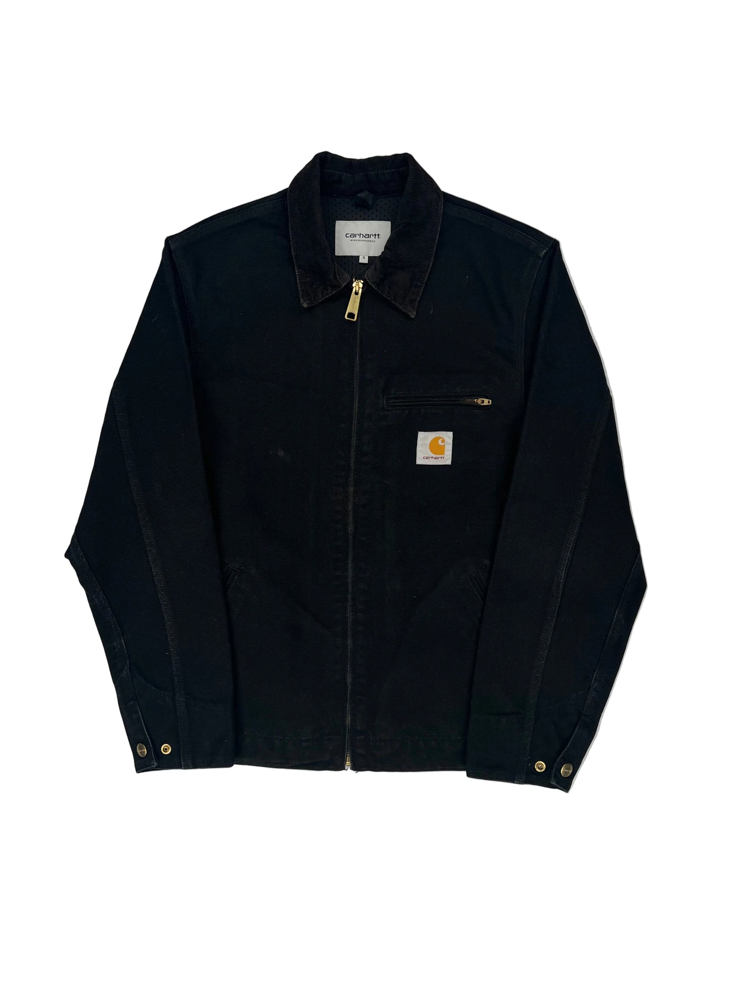 Folded black jacket with a brand logo on a white background Folded black jacket with a brand logo on a white background