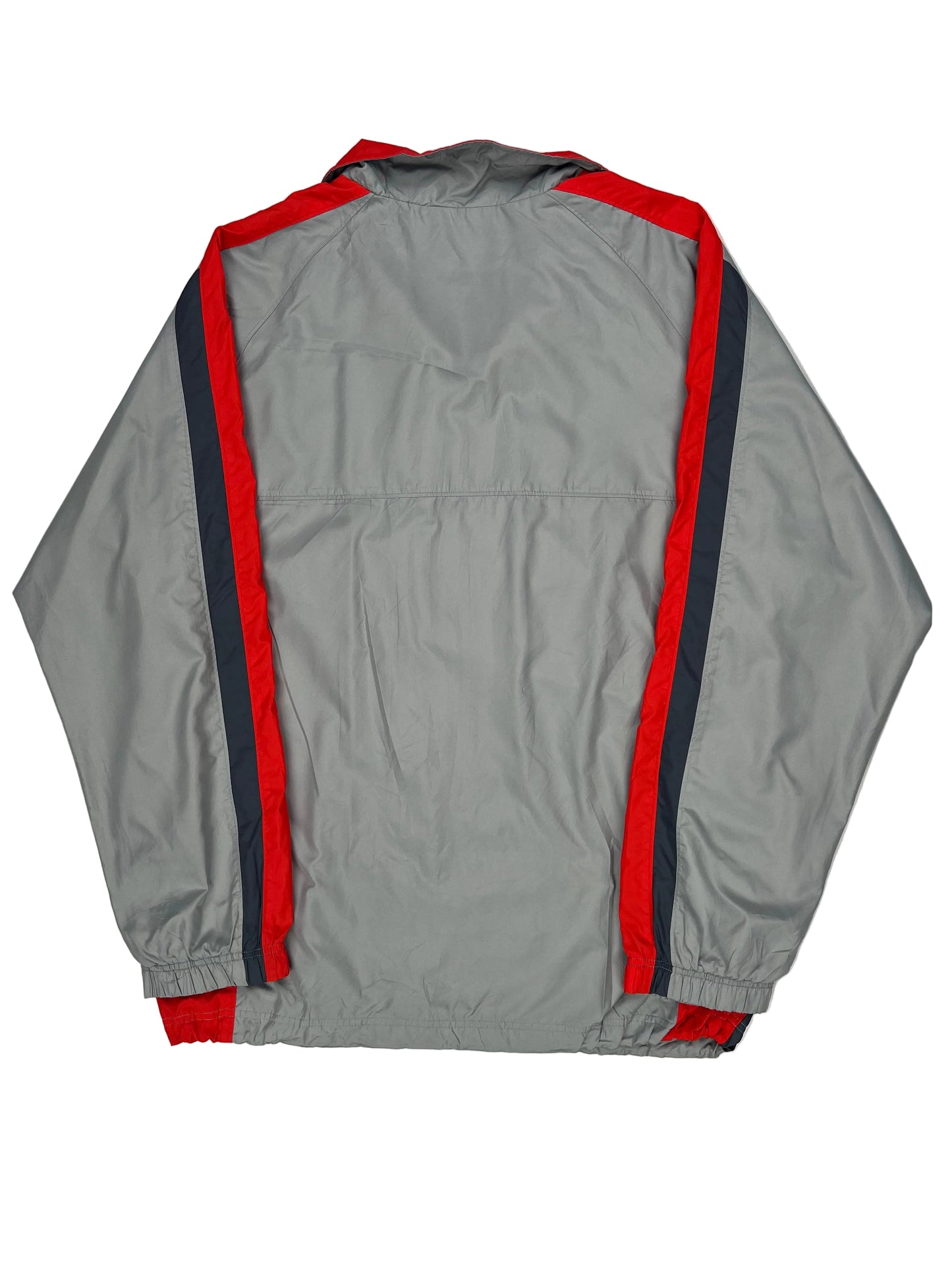 Gray shorts with red and black trim on a white background Gray shorts with red and black trim on a white background