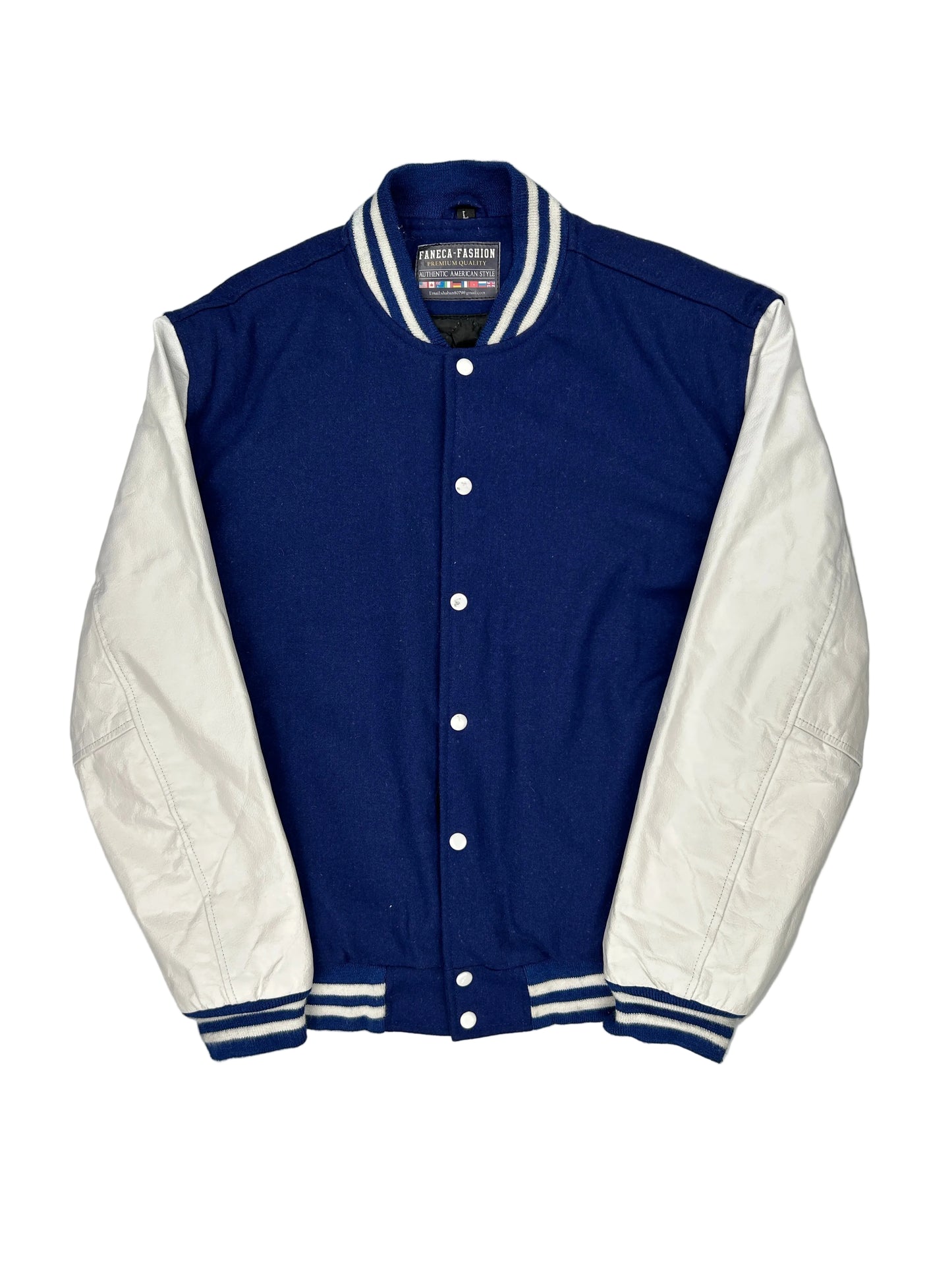 Blue and white varsity jacket on a mannequin against a gray background Blue and white varsity jacket on a mannequin against a gray background