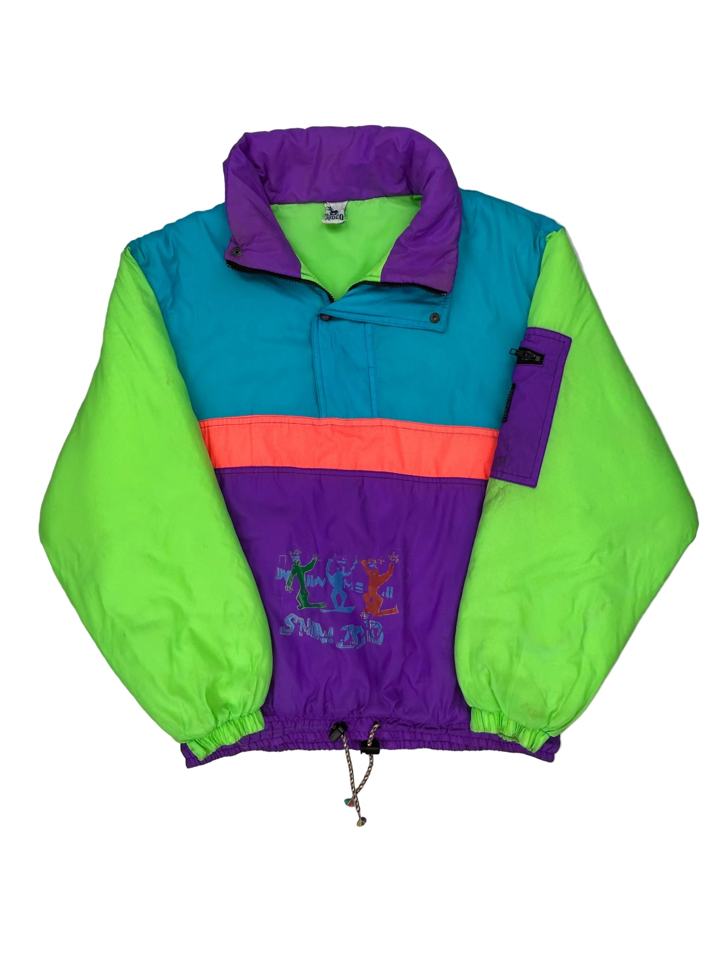 Colorful jacket with purple, green, and blue sections on a white chair. Colorful jacket with purple, green, and blue sections on a white chair.