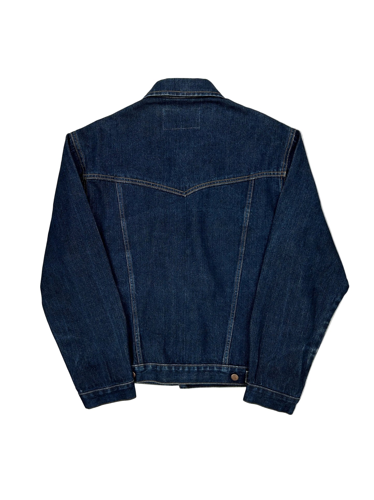 Folded dark blue denim jacket on a white background Folded dark blue denim jacket on a white background