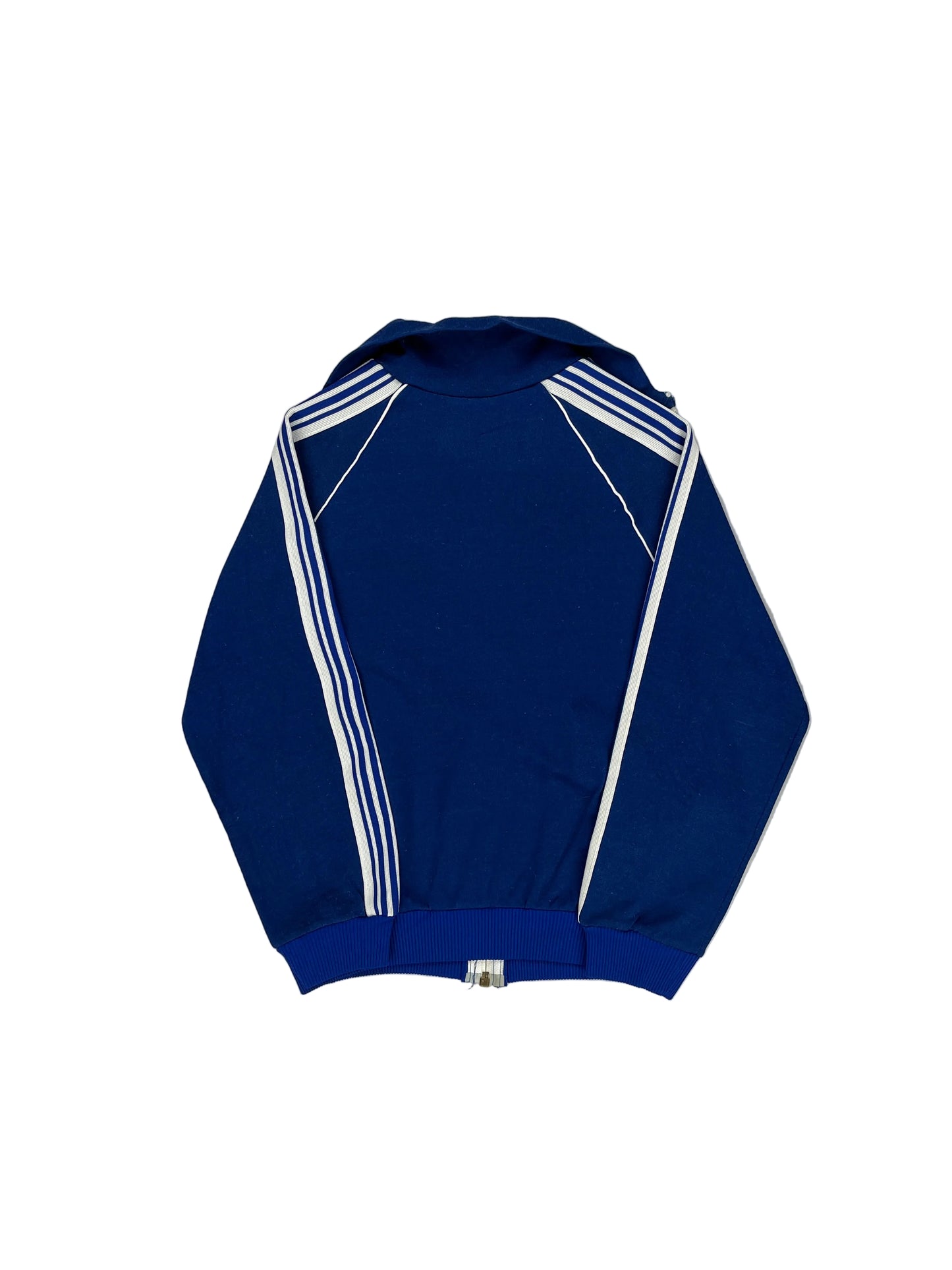 Blue athletic jacket with white stripes on a white background