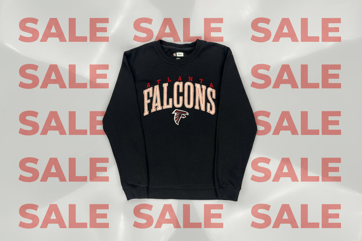 Black sweatshirt with 'Atlanta Falcons' text and logo on a white background