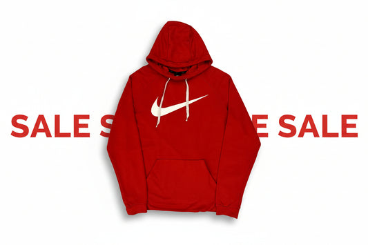 Red hoodie with a white logo on a light gray background