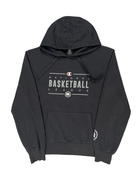 Black hoodie with 'Basketball League' text on a white background