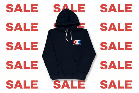Navy blue hoodie with Champion logo on a white background