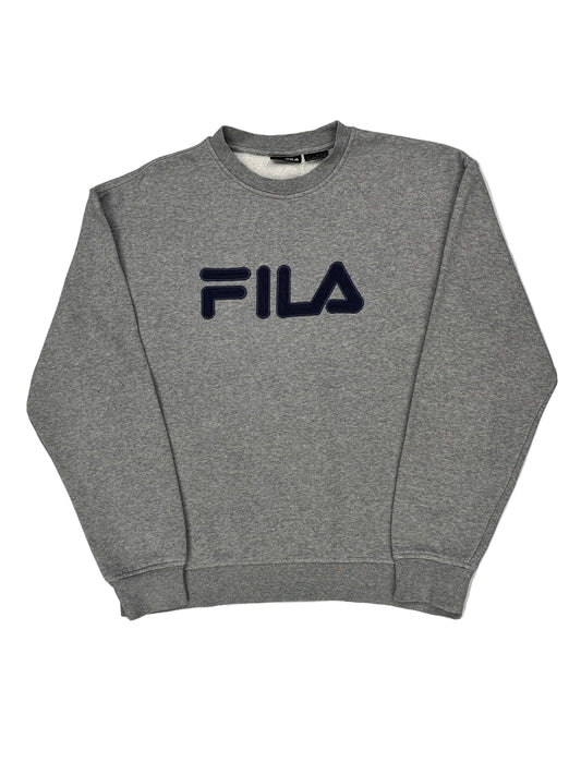 Gray sweatshirt with Fila logo on a white background