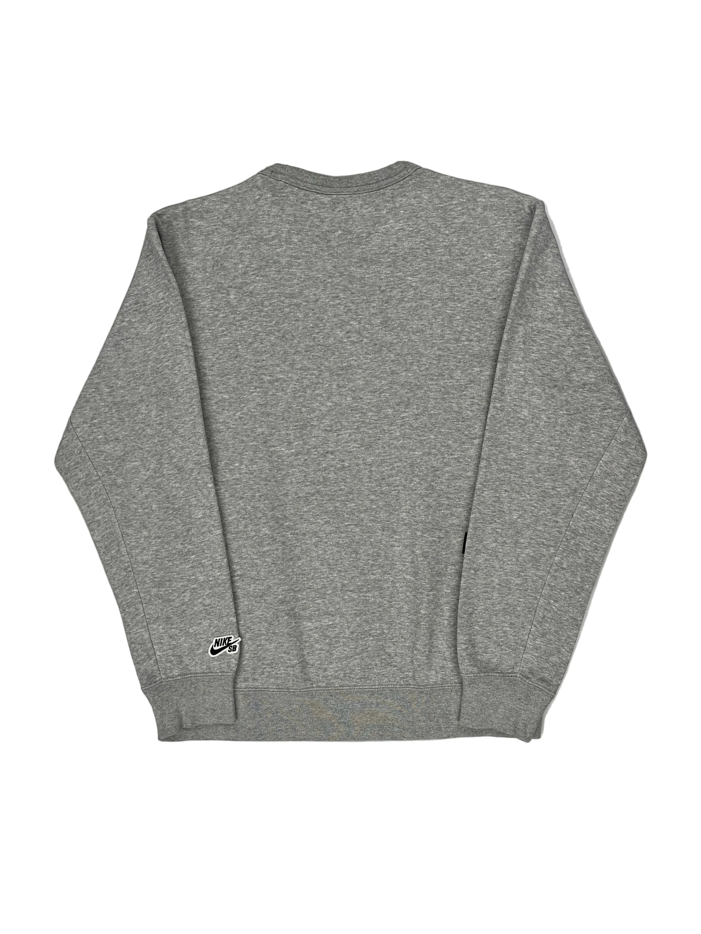 Gray sweatshirt with a brand logo on the back against a light gray background