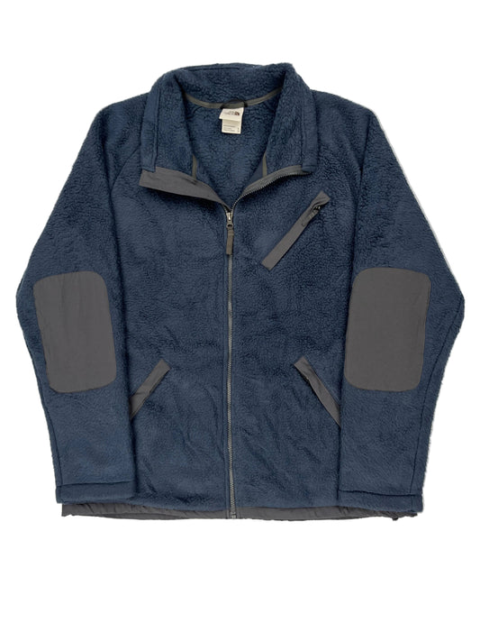 Blue jacket with gray patches on a white background