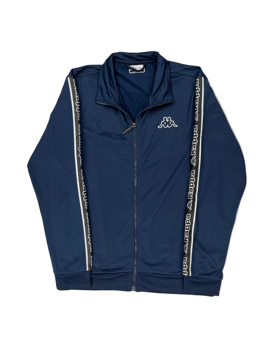 Navy blue jacket with white logo and text on a light gray background