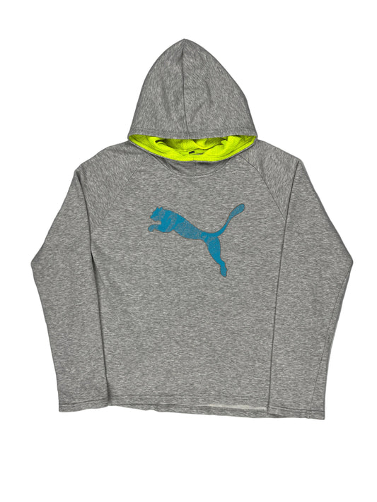 Gray hoodie with a blue logo on a white background