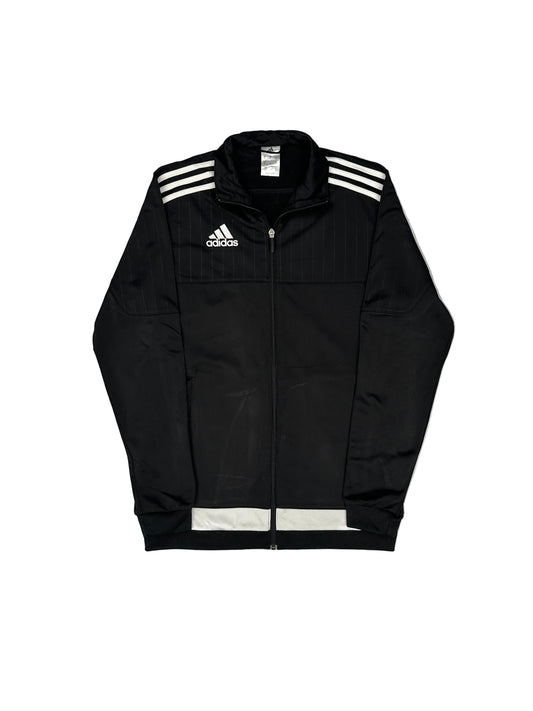 Black Adidas jacket with white stripes on a light gray background