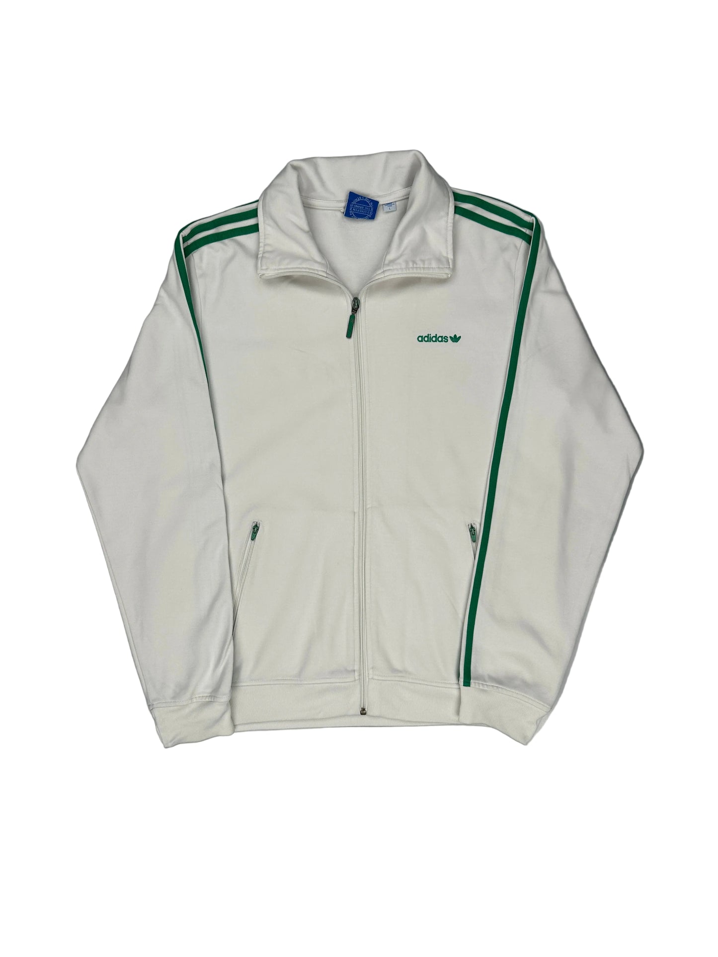 White jacket with green accents on a gray background
