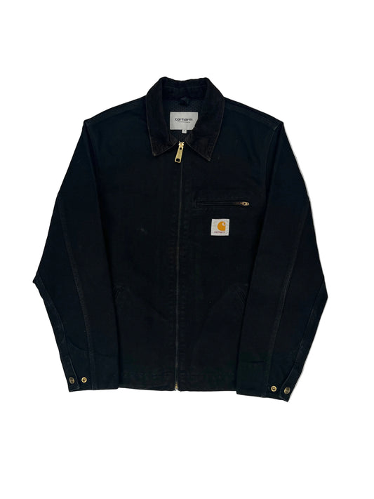 Folded black jacket with a brand logo on a white background