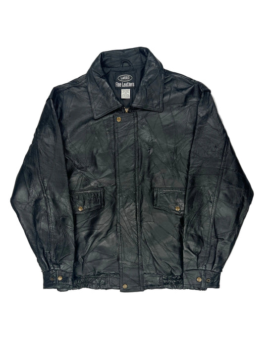 Black leather jacket on a white background