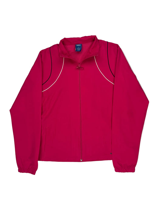 Folded pink jacket with a brand logo on a white background