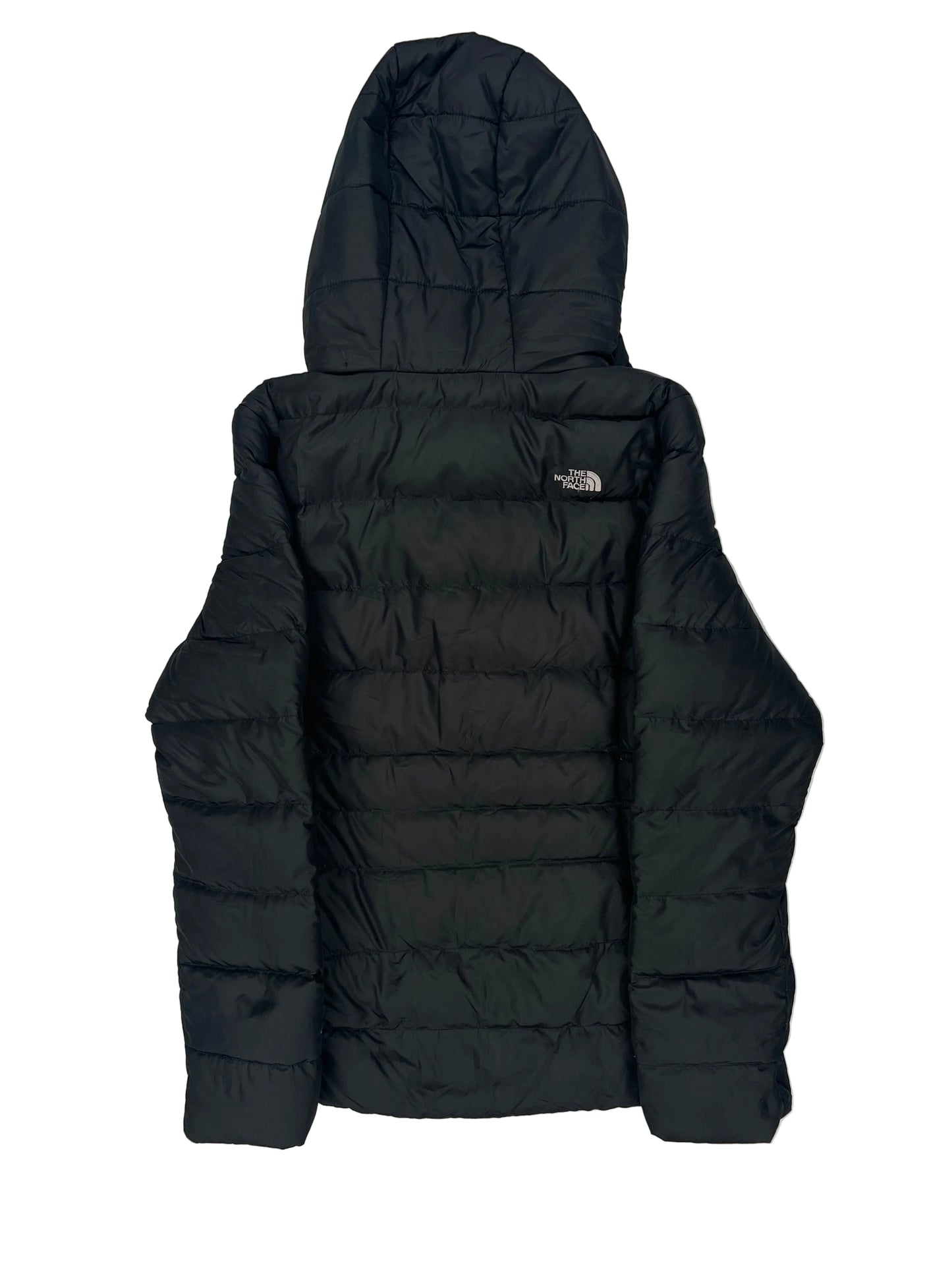 Black puffer jacket on a white background