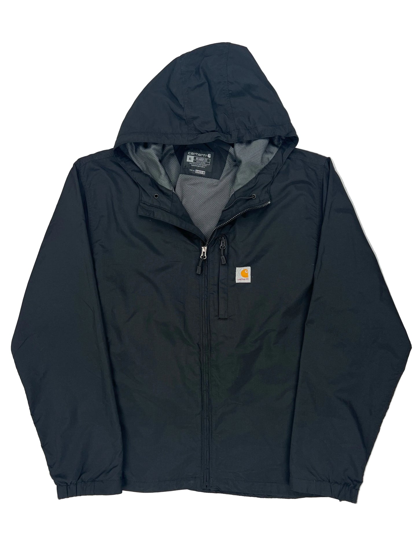 Black jacket with a brand logo on a white background