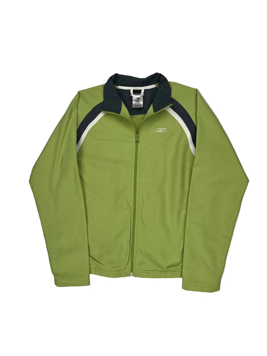 Green jacket with black and white accents on a light gray background