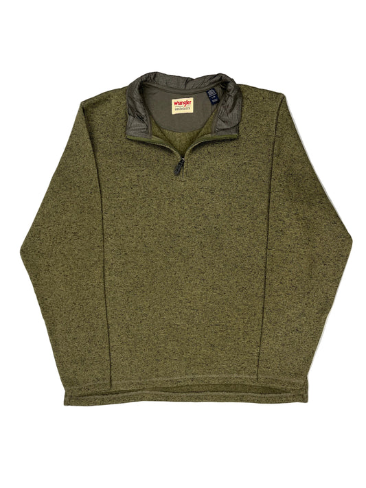 Green fleece pullover with a small black jacket on a white background