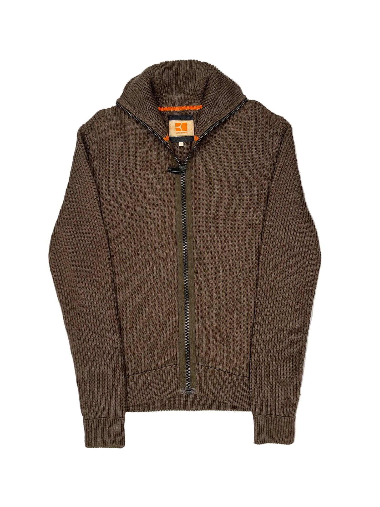 Brown sweater with a brand tag on a white background