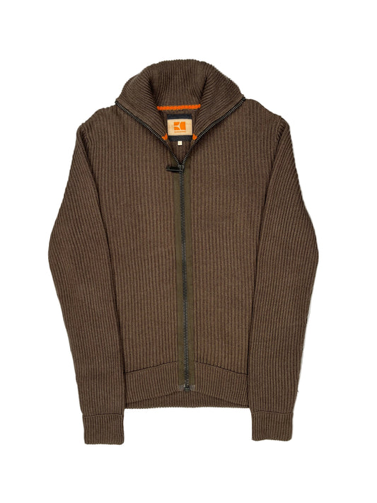 Brown sweater with a brand tag on a white background