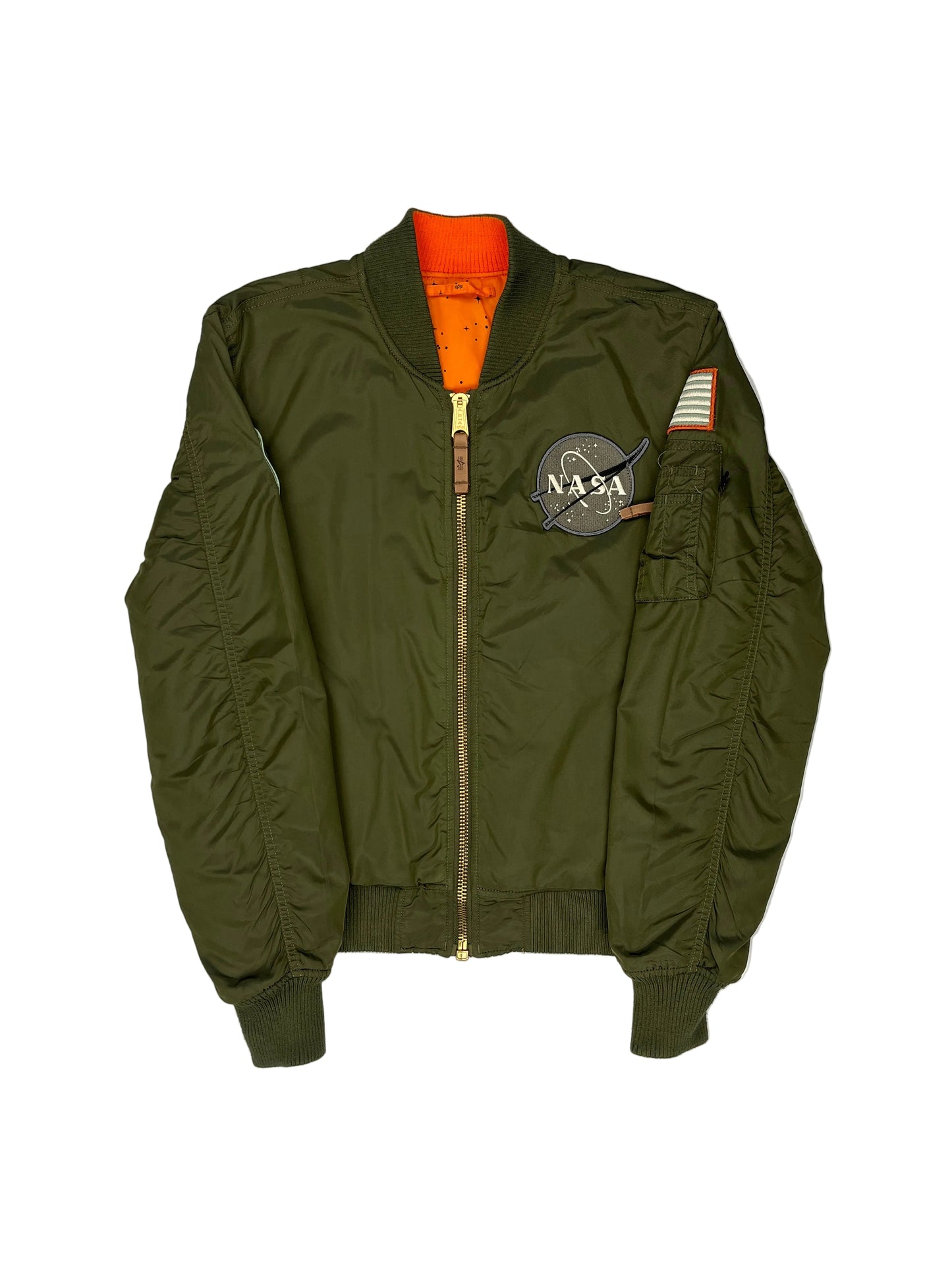 Green jacket with orange accents on a white background