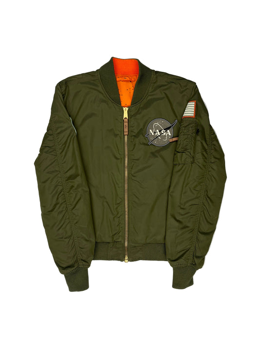 Green jacket with orange accents on a white background