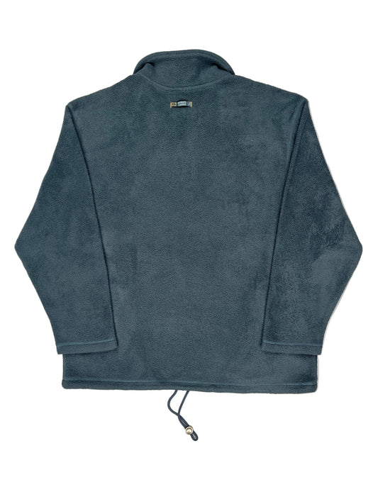 Blue fleece pullover on a white mannequin with a gray background