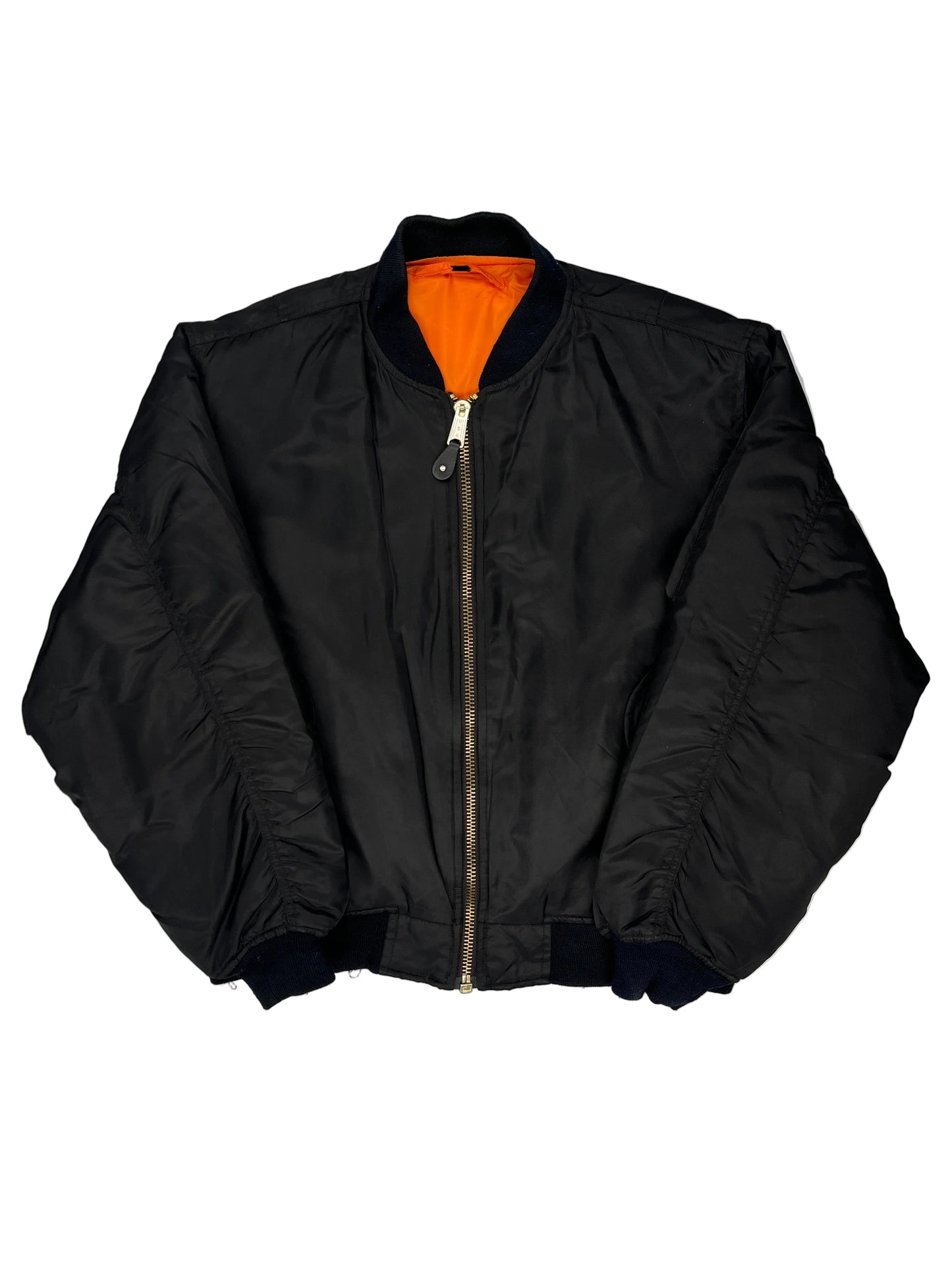 Black jacket with orange interior lining on a white background