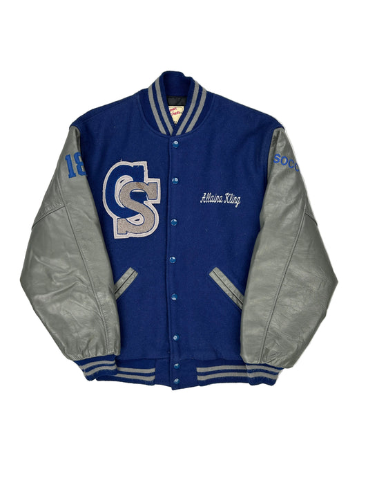 Blue and gray jacket with a logo on a white background