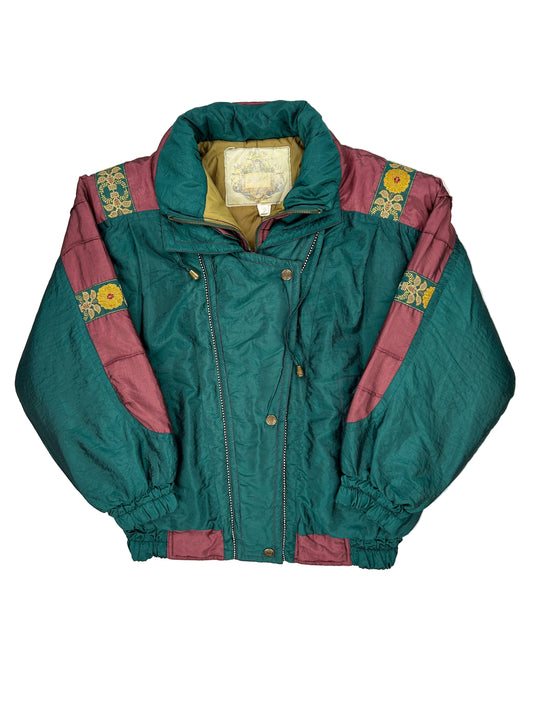 Green jacket with floral patterns on a white background