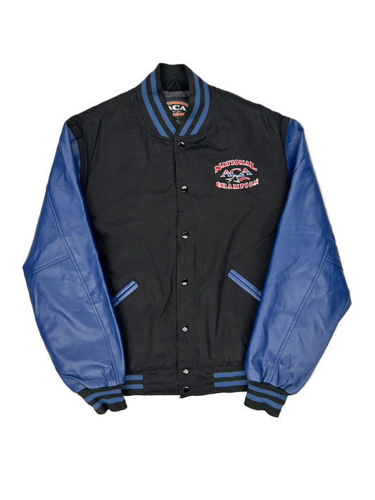 Black and blue jacket with a hood on a white background