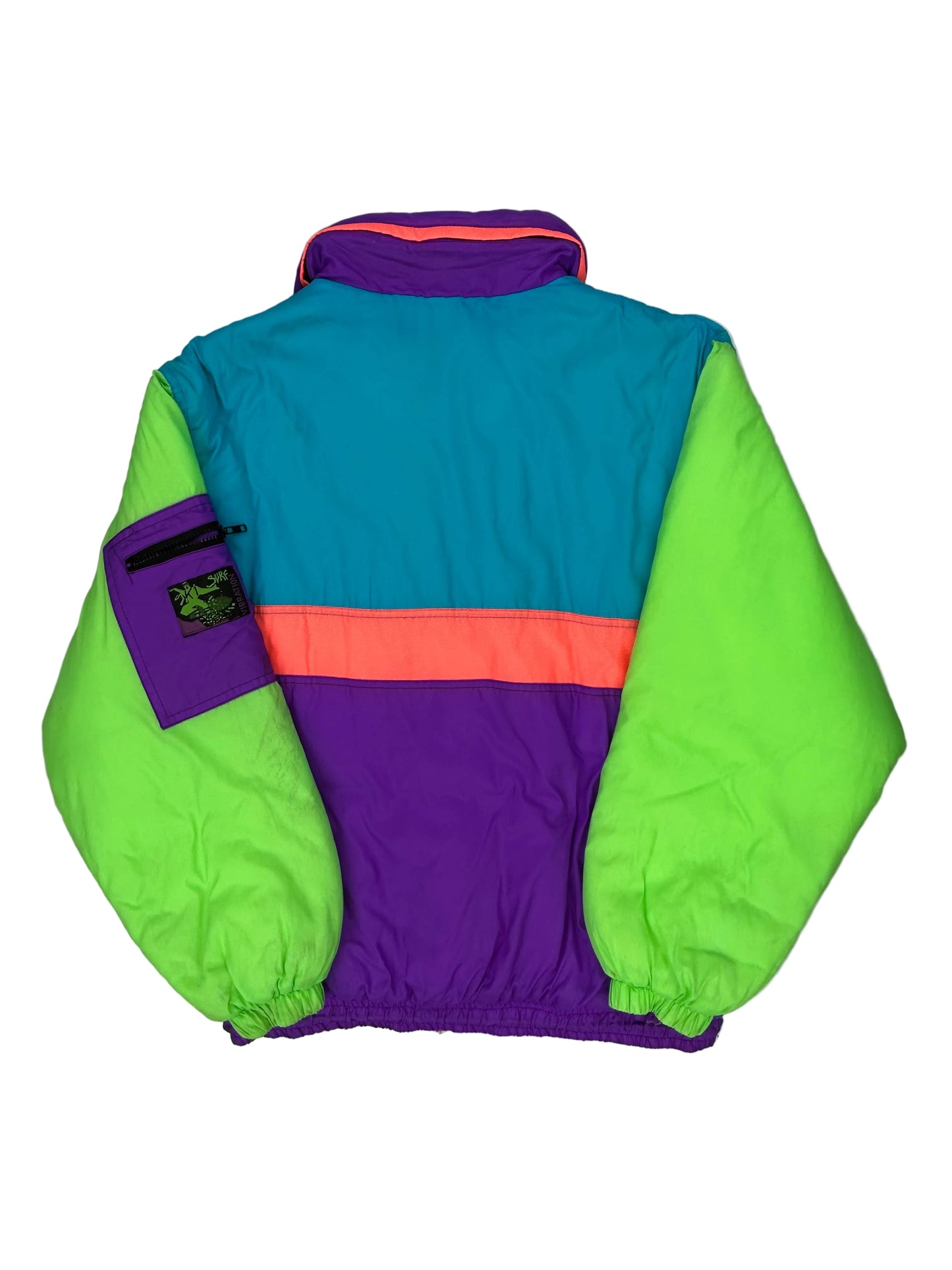 Colorful jacket with green, blue, purple, and orange accents on a mannequin.