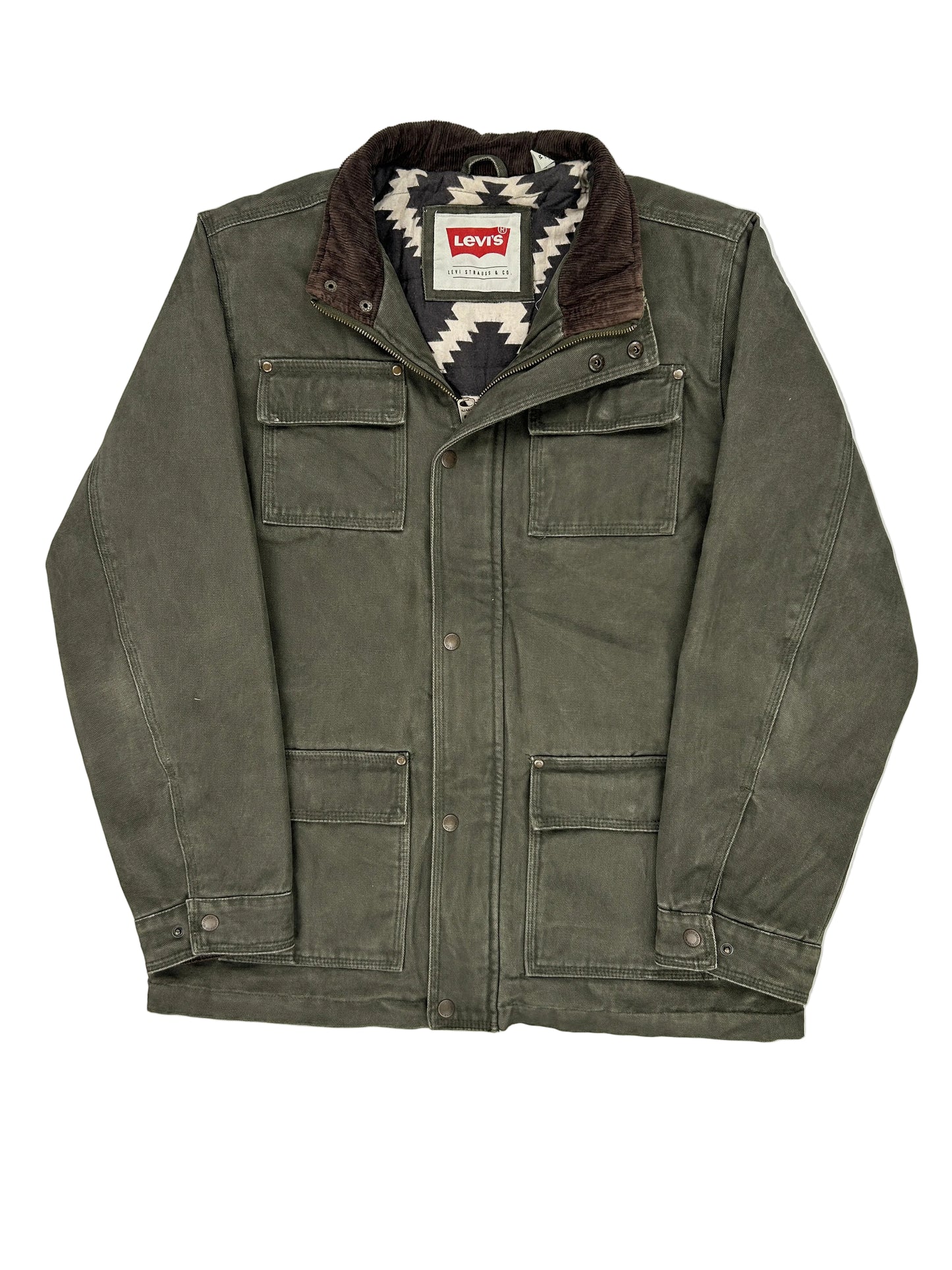 Folded green jacket with a Levi's tag on a white background