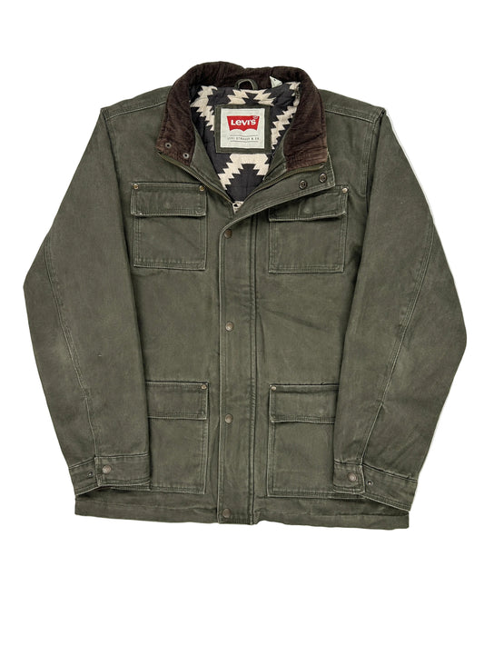 Folded green jacket with a Levi's tag on a white background