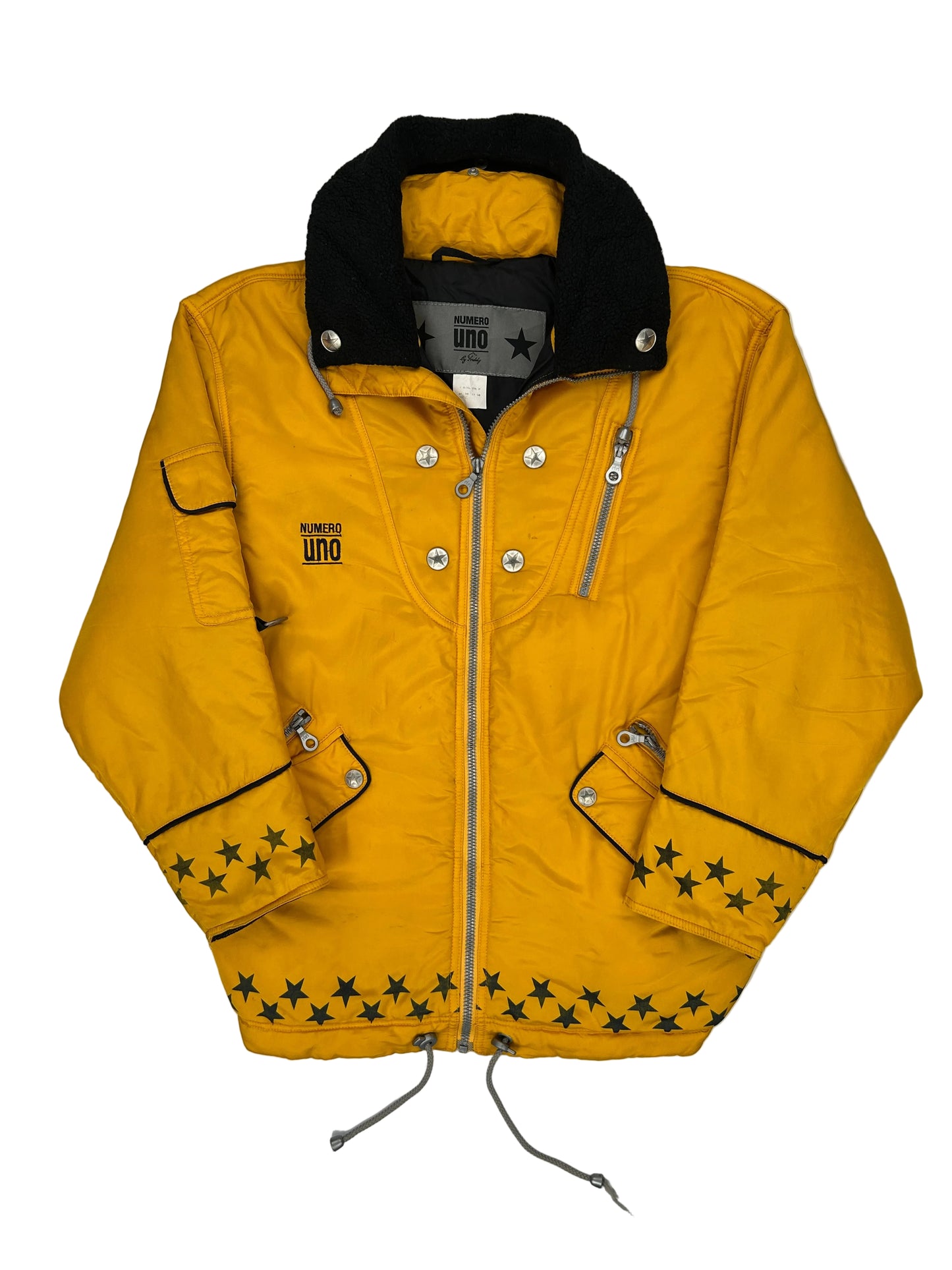 Yellow jacket with star patterns on a white background