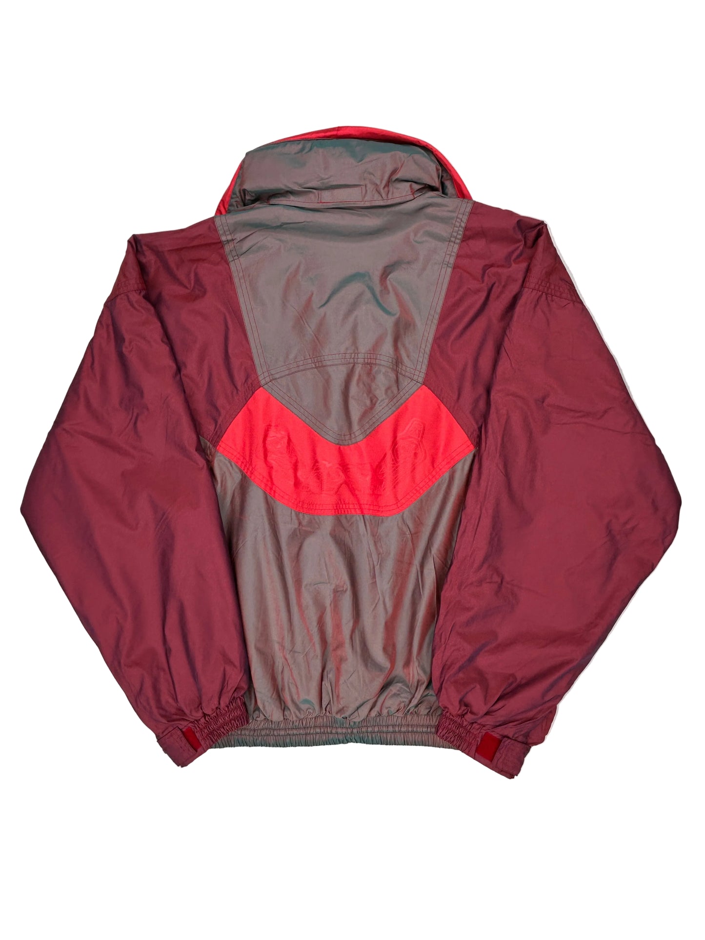Maroon and gray jacket with red accents on a white background