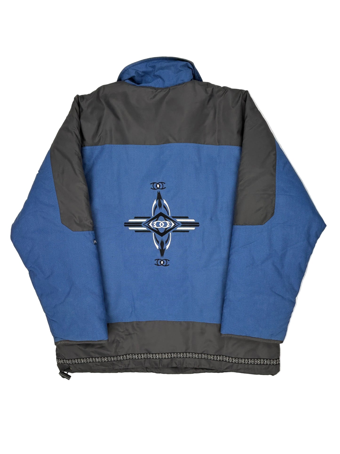 Blue and black jacket with a logo on a white background