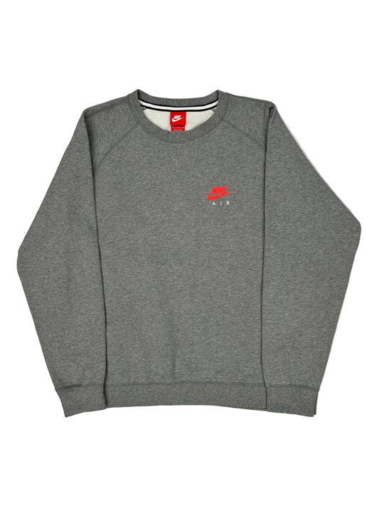 Gray sweatshirt with a red logo on a light gray background